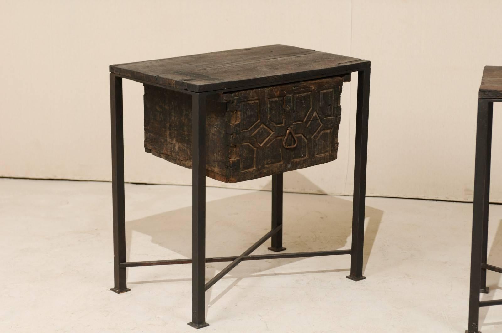 Rustic Pair of 18th Century Spanish Wood Chests on Iron Bases with Geometric Carvings