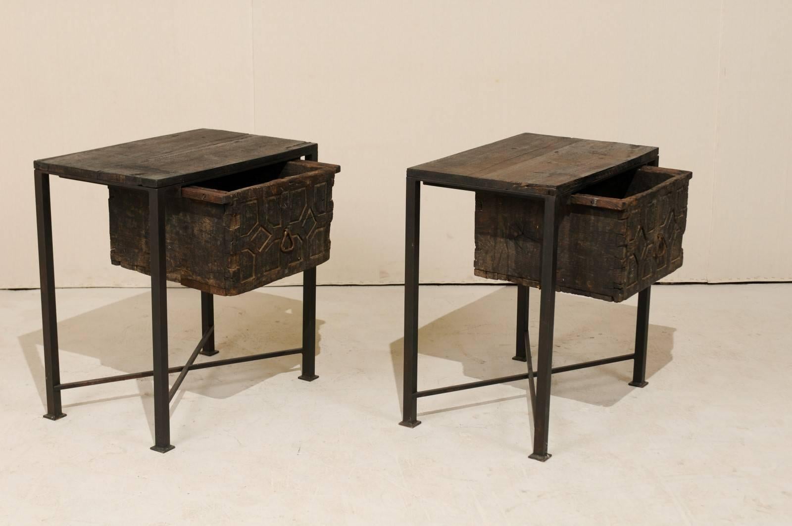 Pair of 18th Century Spanish Wood Chests on Iron Bases with Geometric Carvings In Good Condition In Atlanta, GA