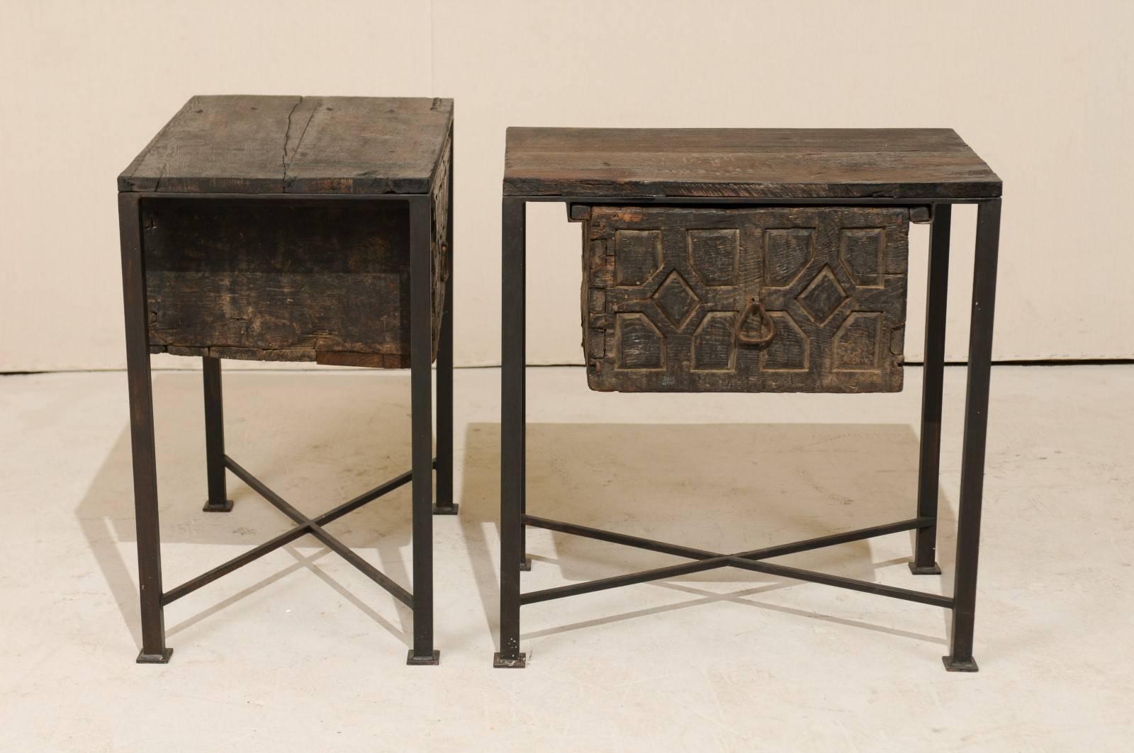 18th Century and Earlier Pair of 18th Century Spanish Wood Chests on Iron Bases with Geometric Carvings