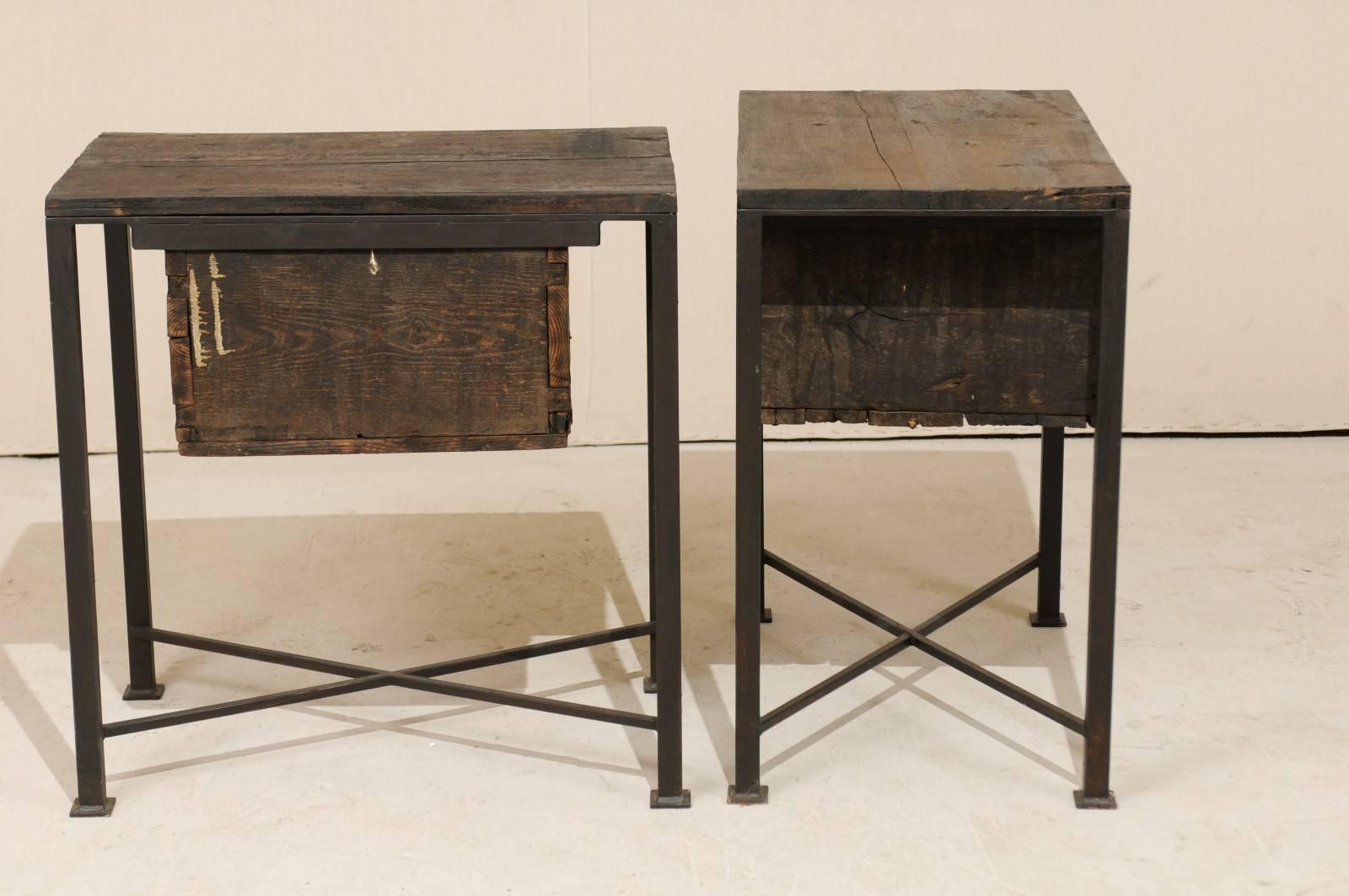 Pair of 18th Century Spanish Wood Chests on Iron Bases with Geometric Carvings 1