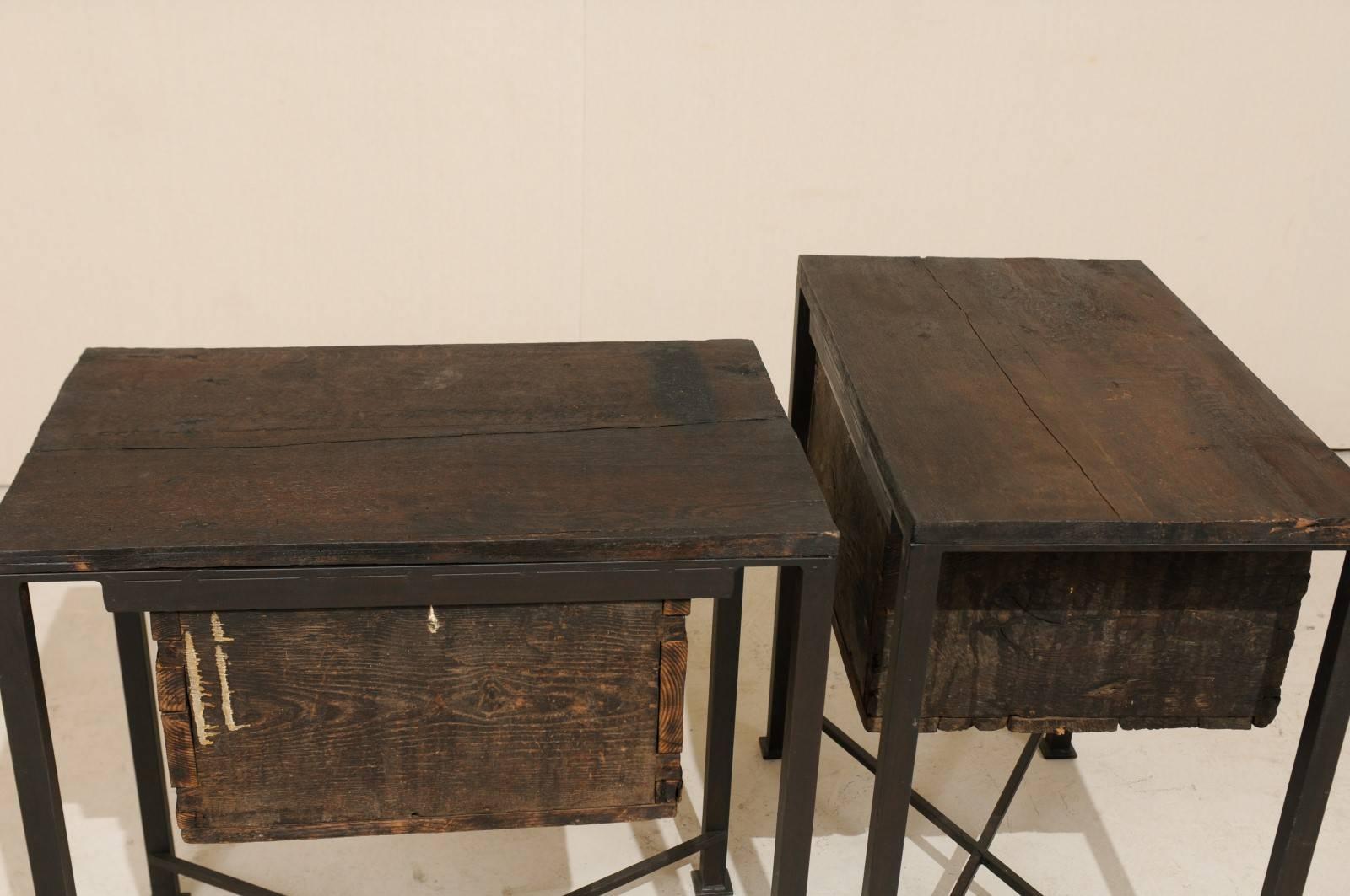 Pair of 18th Century Spanish Wood Chests on Iron Bases with Geometric Carvings 2