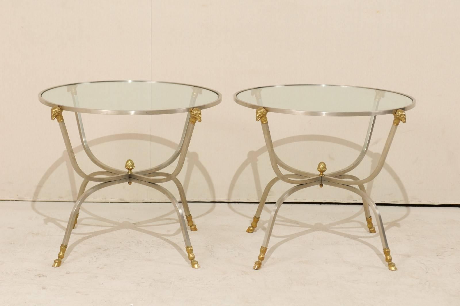 Pair of Italian Glass, Brass and Silver Metal Side Tables with Ram's Head Motifs In Good Condition In Atlanta, GA