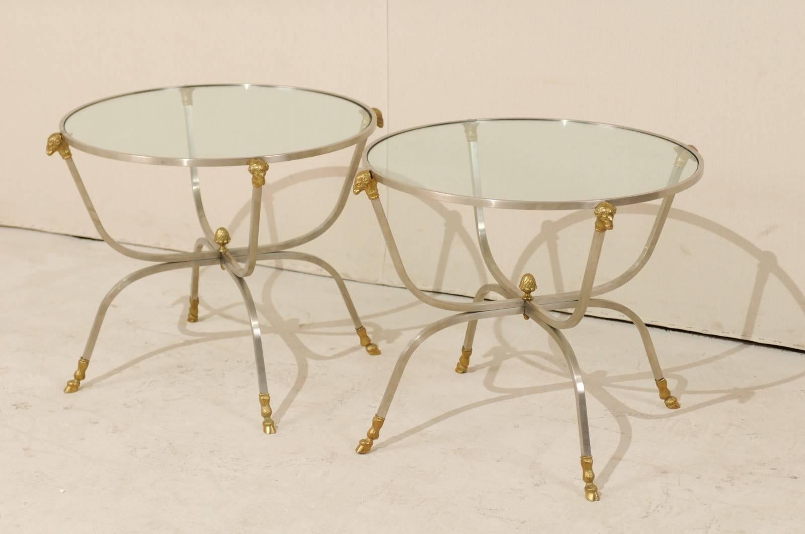 Pair of Italian Glass, Brass and Silver Metal Side Tables with Ram's Head Motifs 2