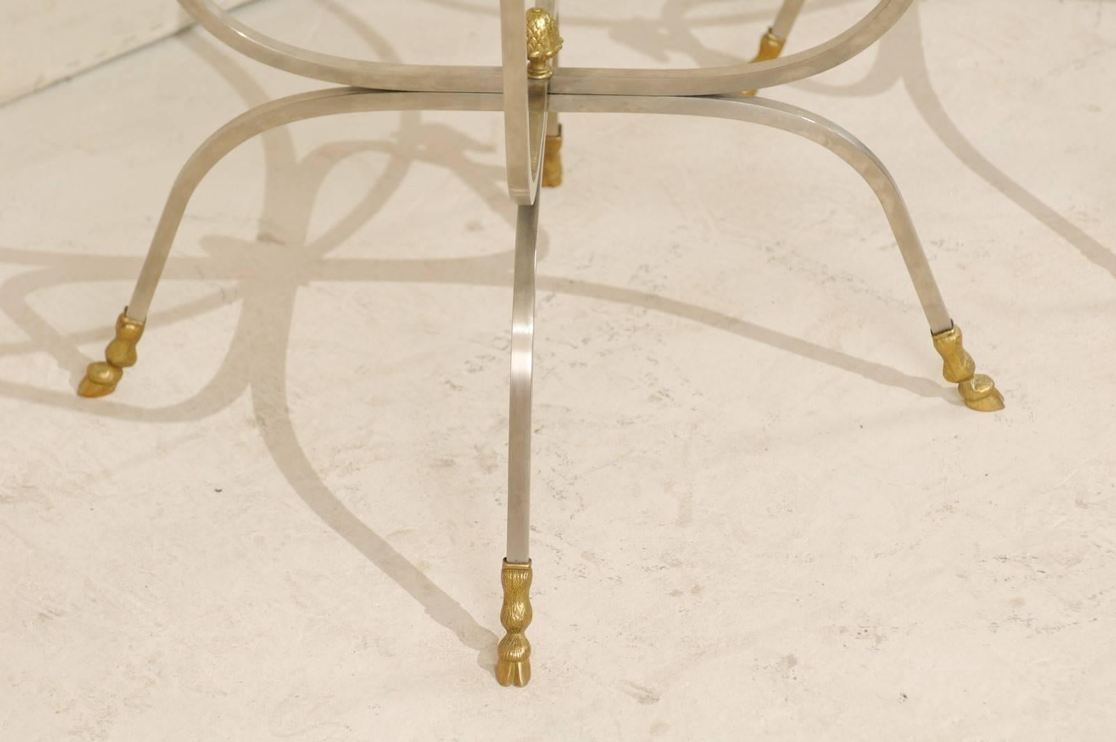 Pair of Italian Glass, Brass and Silver Metal Side Tables with Ram's Head Motifs 1