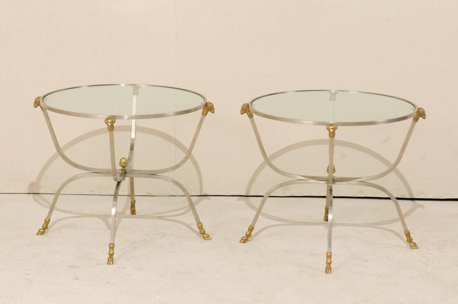 20th Century Pair of Italian Glass, Brass and Silver Metal Side Tables with Ram's Head Motifs