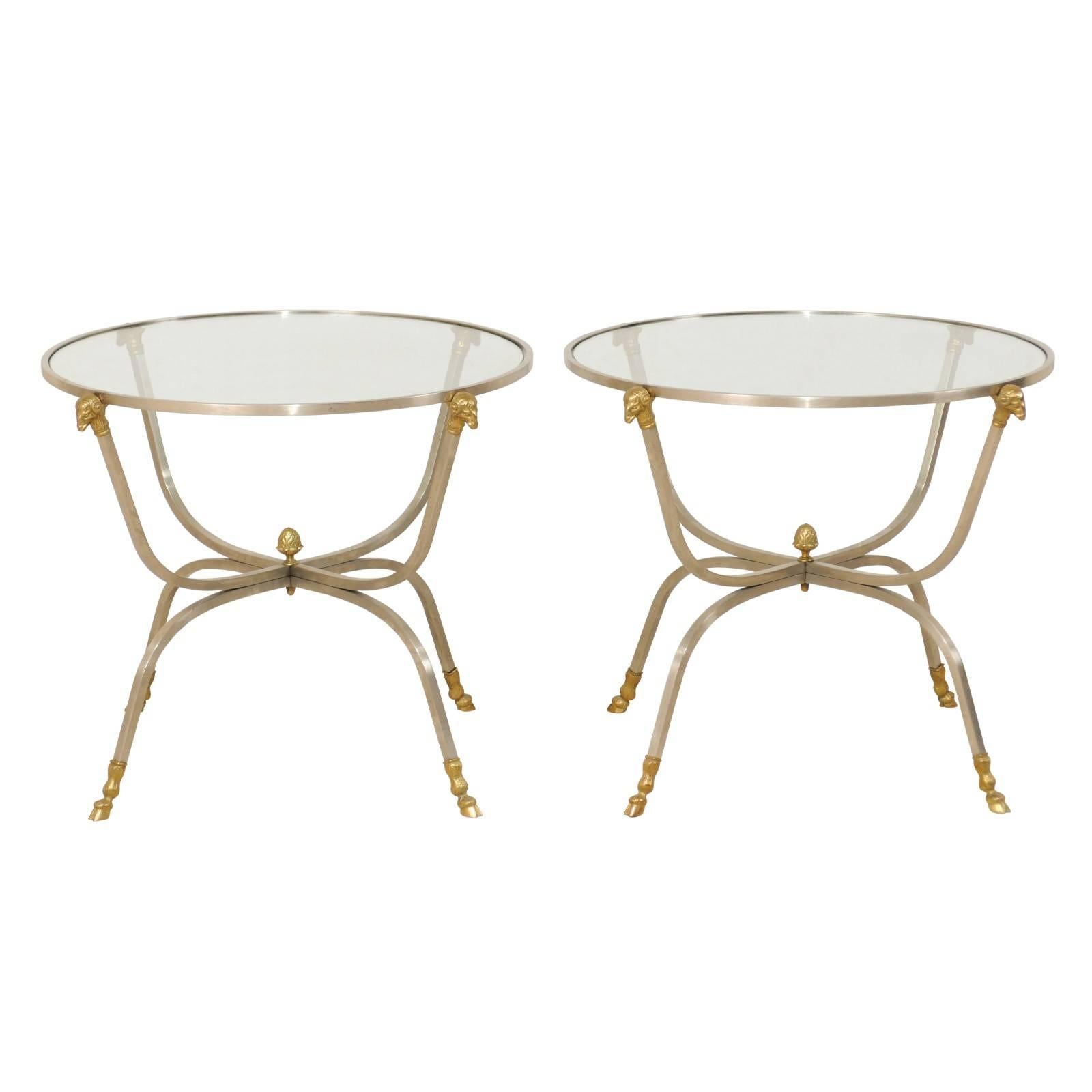 Pair of Italian Glass, Brass and Silver Metal Side Tables with Ram's Head Motifs