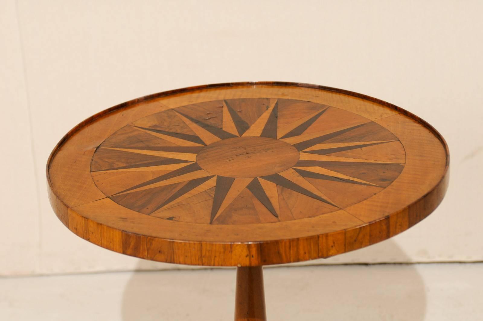 Wood Italian 19th Century Round Fruitwood Pedestal Table with Compass Star Inlay