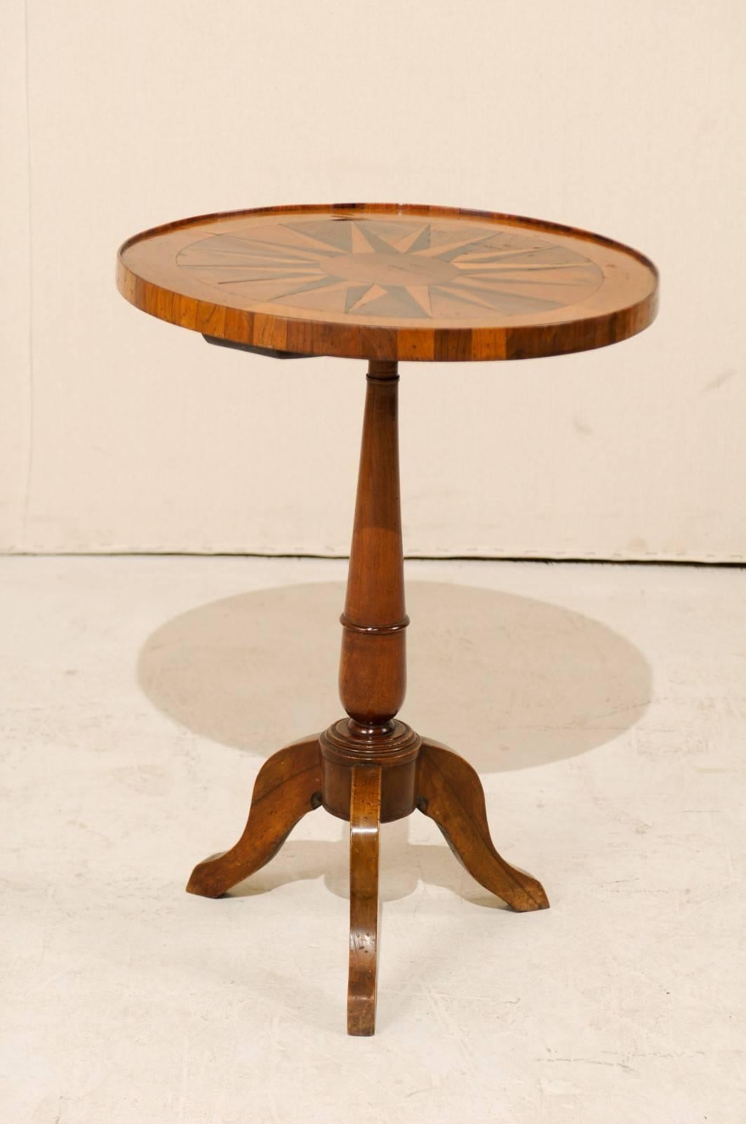 Stained Italian 19th Century Round Fruitwood Pedestal Table with Compass Star Inlay