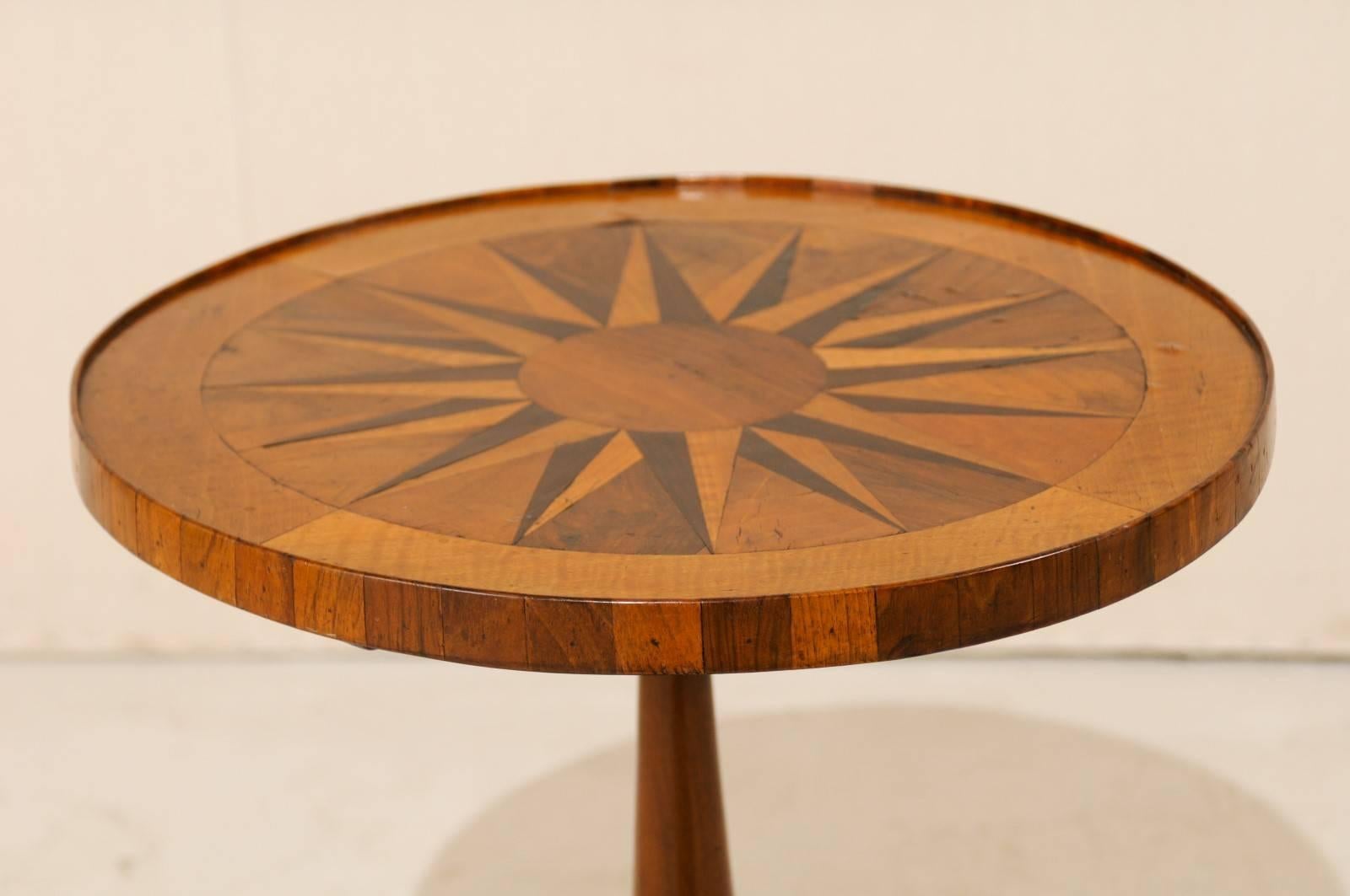 Italian 19th Century Round Fruitwood Pedestal Table with Compass Star Inlay 1