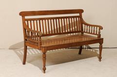 British Colonial Style Teak Wood Bench with Slats on the Backrest & Turned Legs