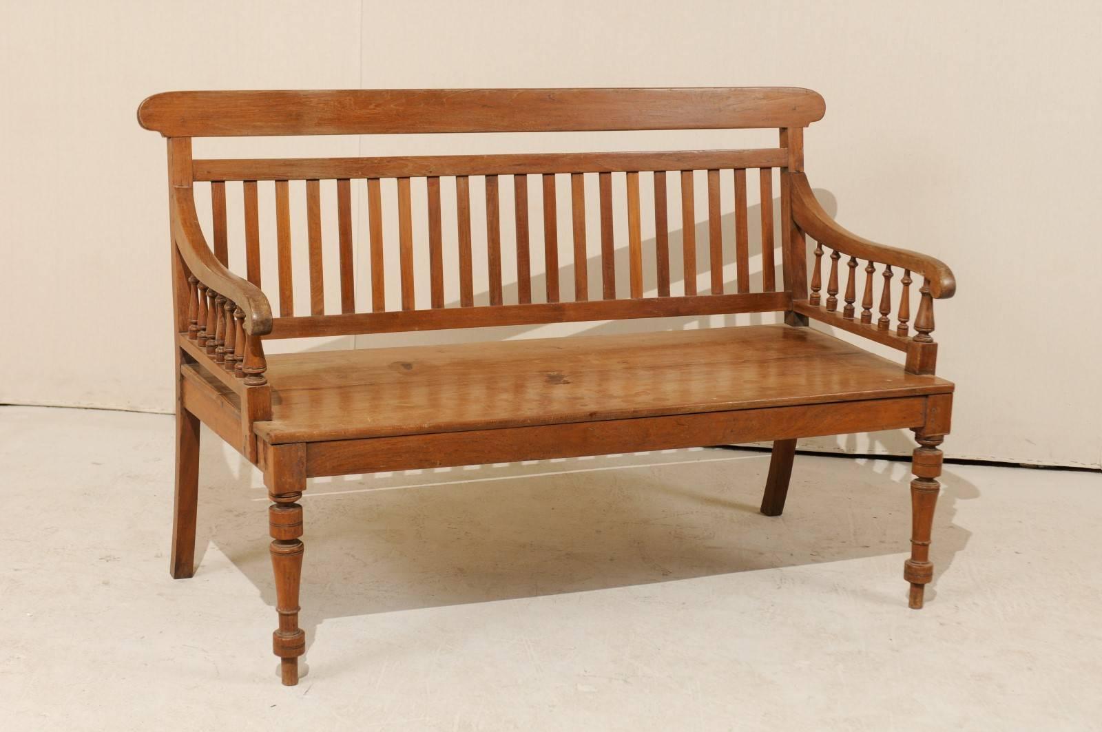 Indian British Colonial Style Teak Wood Bench with Slats on the Backrest & Turned Legs