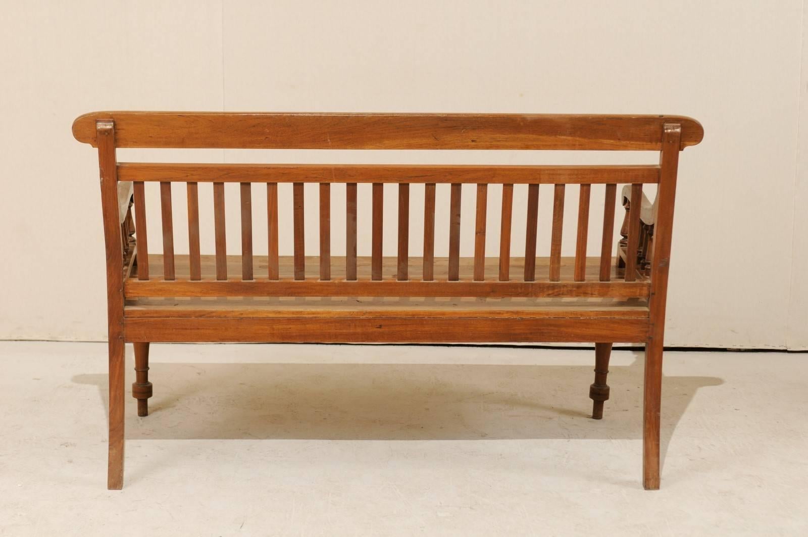 British Colonial Style Teak Wood Bench with Slats on the Backrest & Turned Legs 1