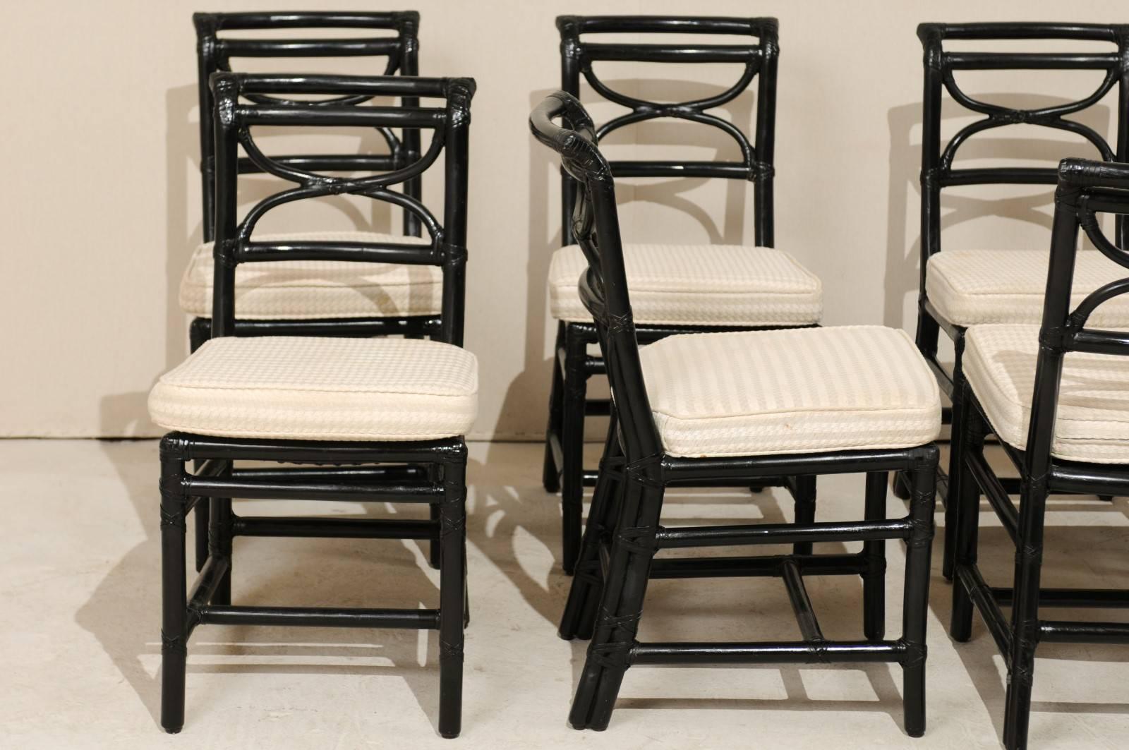 Set of Eight McGuire Rattan Dining Side Chairs in Black, Curule Shaped Backs In Good Condition In Atlanta, GA