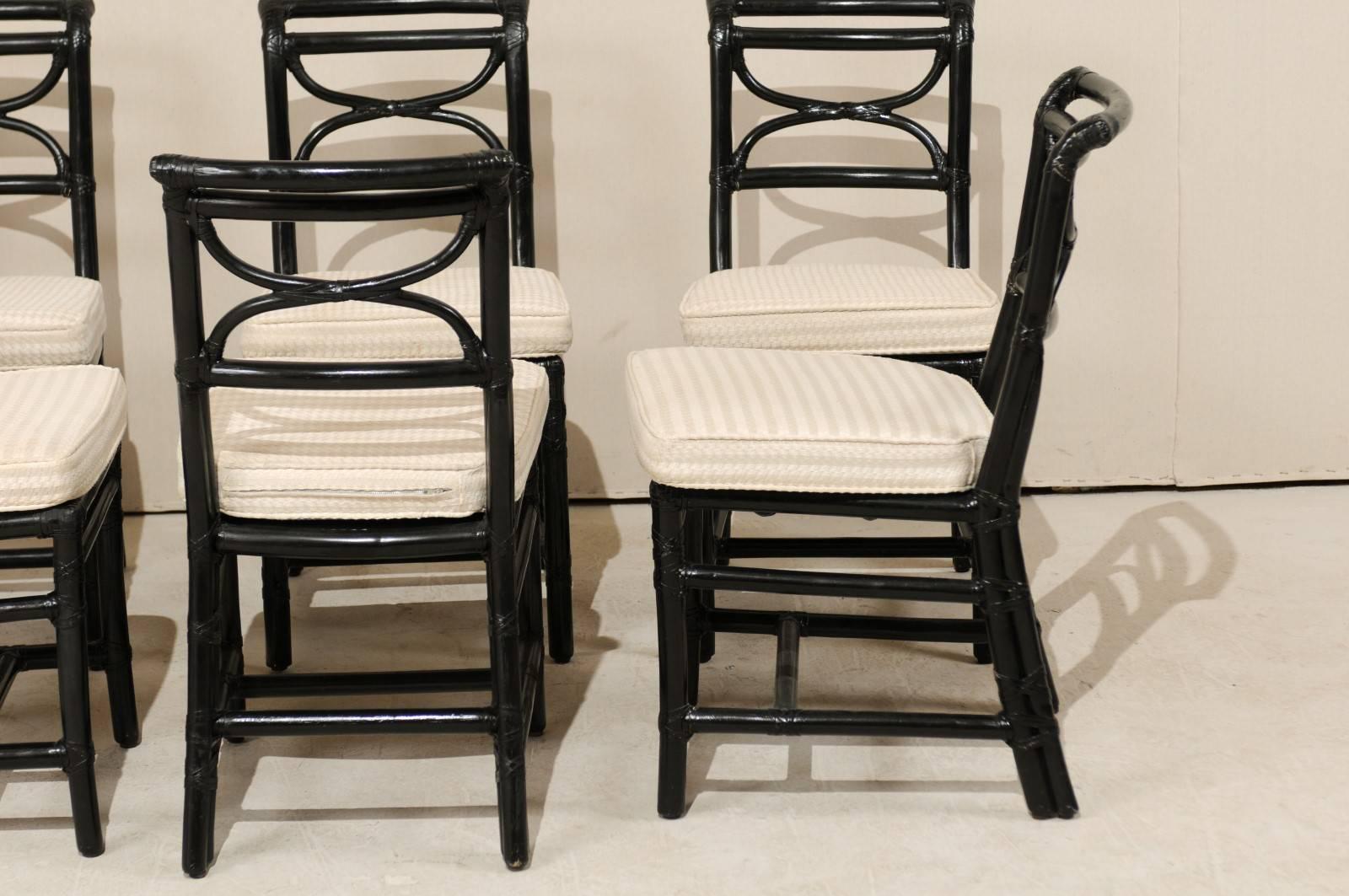 20th Century Set of Eight McGuire Rattan Dining Side Chairs in Black, Curule Shaped Backs