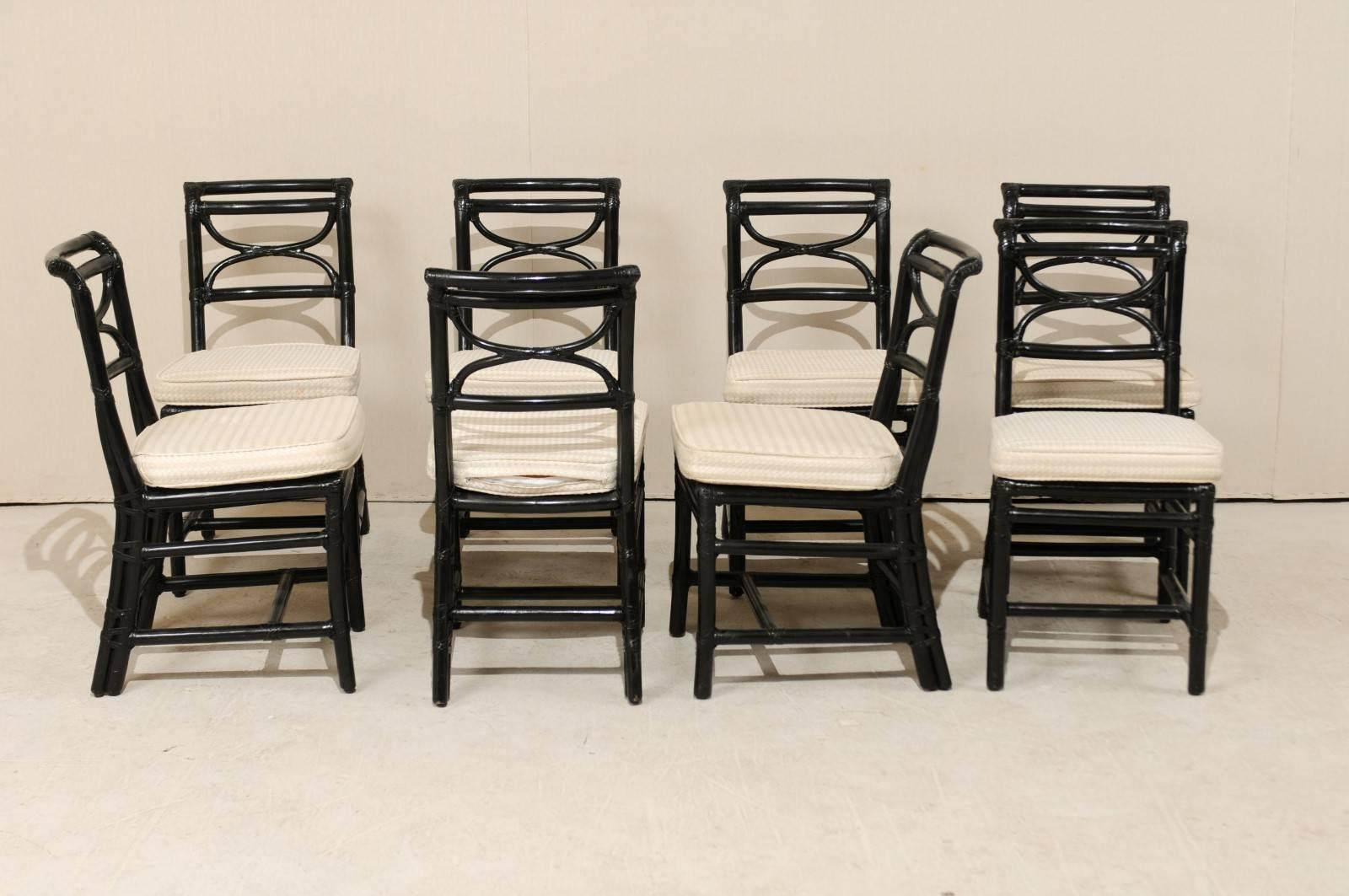 Painted Set of Eight McGuire Rattan Dining Side Chairs in Black, Curule Shaped Backs