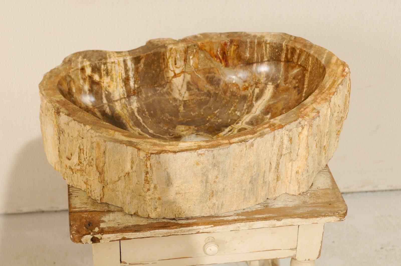 Indonesian Polished Petrified Wood Sink of Neutral Cream, Tan, Light Brown and Beige Hues