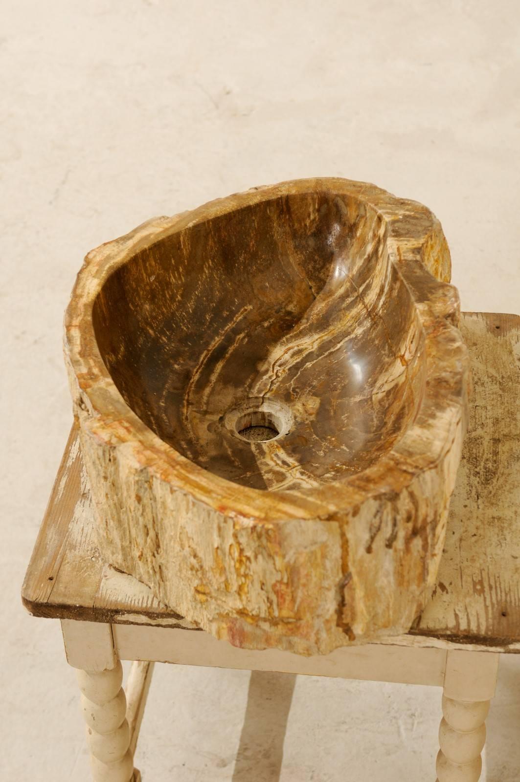 20th Century Polished Petrified Wood Sink of Neutral Cream, Tan, Light Brown and Beige Hues