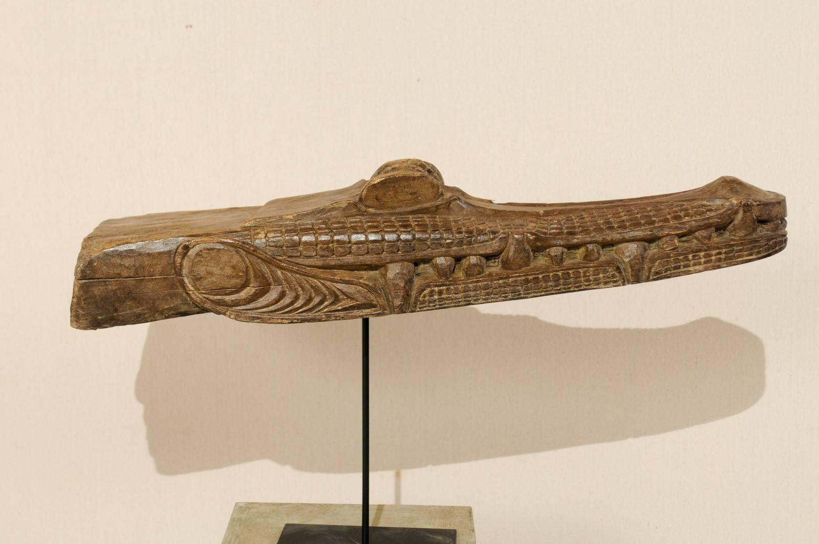20th Century Hand Carved Crocodile Wood Boat Prow from a Papua New Guinea Village Canoe
