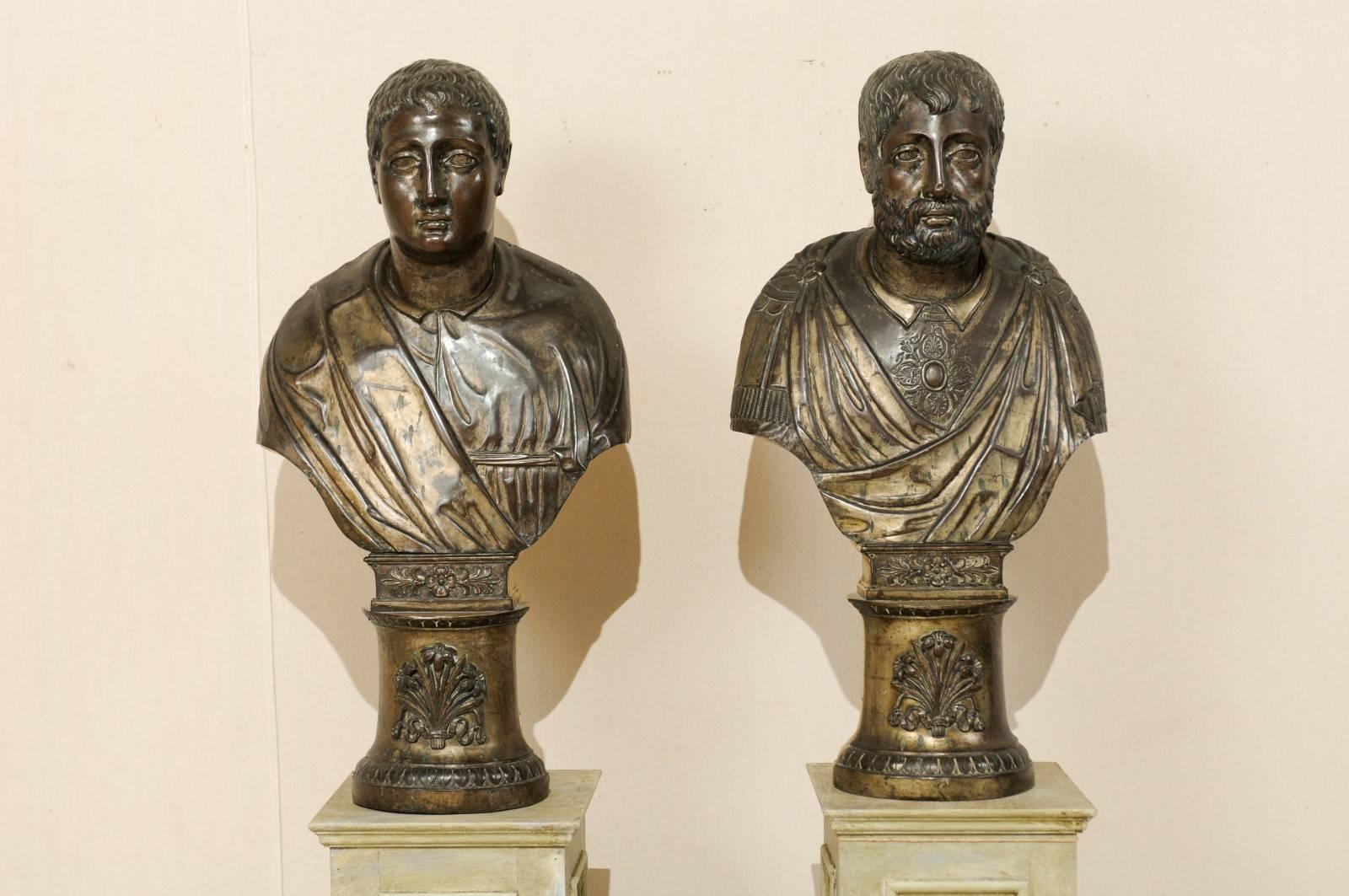 Pair of Italian 19th Century Roman Senator Busts of Repoussé Copper or Wood For Sale 2