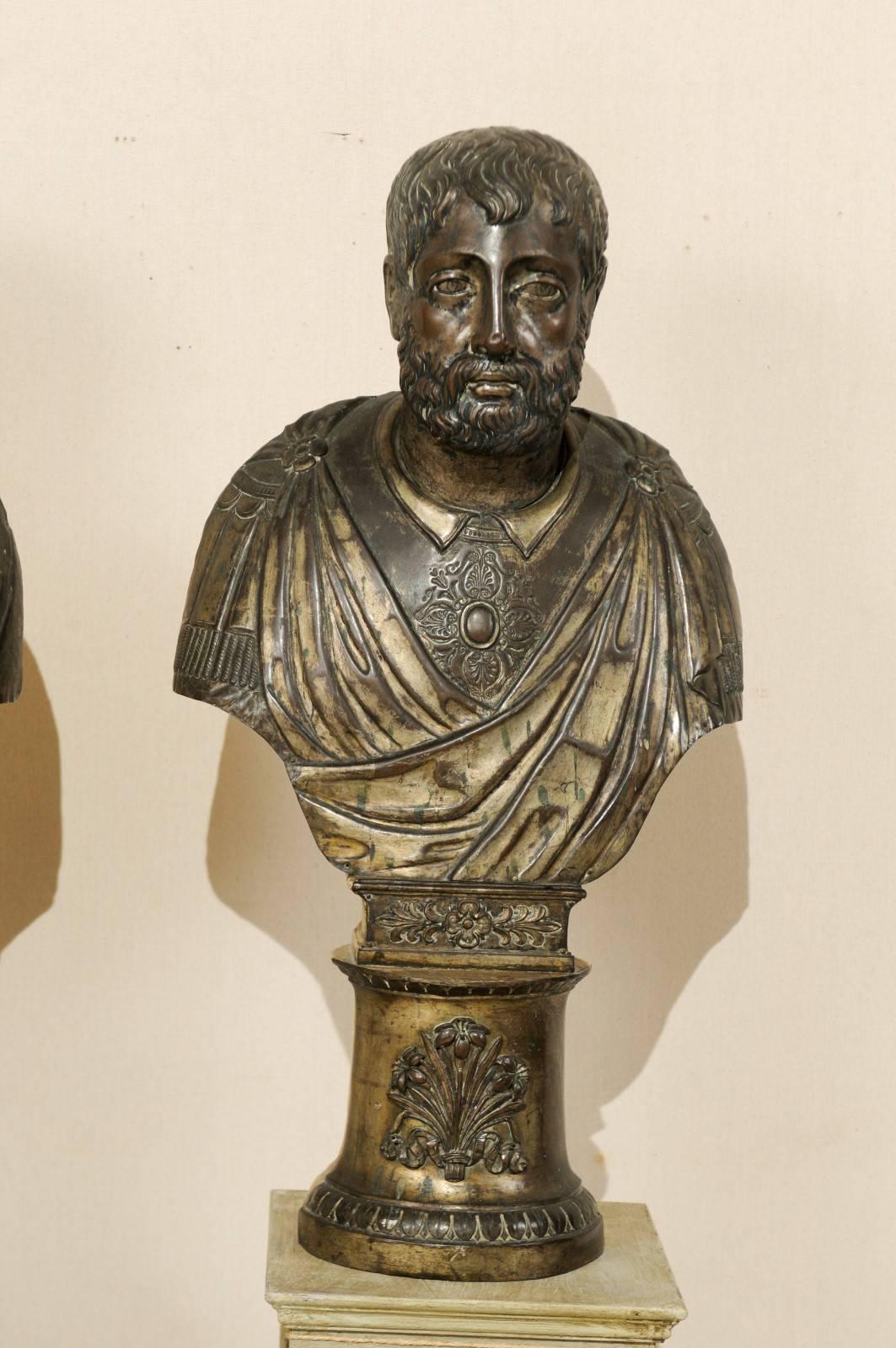 Pair of Italian 19th Century Roman Senator Busts of Repoussé Copper or Wood For Sale 1