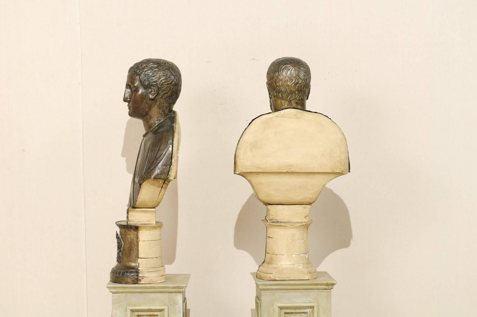 Pair of Italian 19th Century Roman Senator Busts of Repoussé Copper or Wood For Sale 4