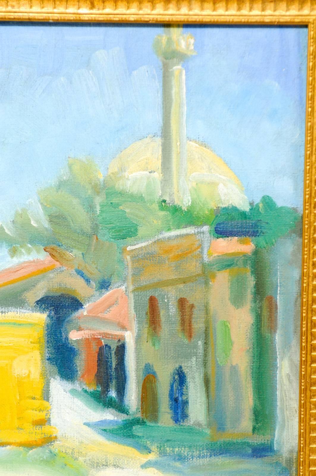 Canvas Swedish Oil Painting by Artist Carl Deelsbo Depicting a Bright Tunisian Village
