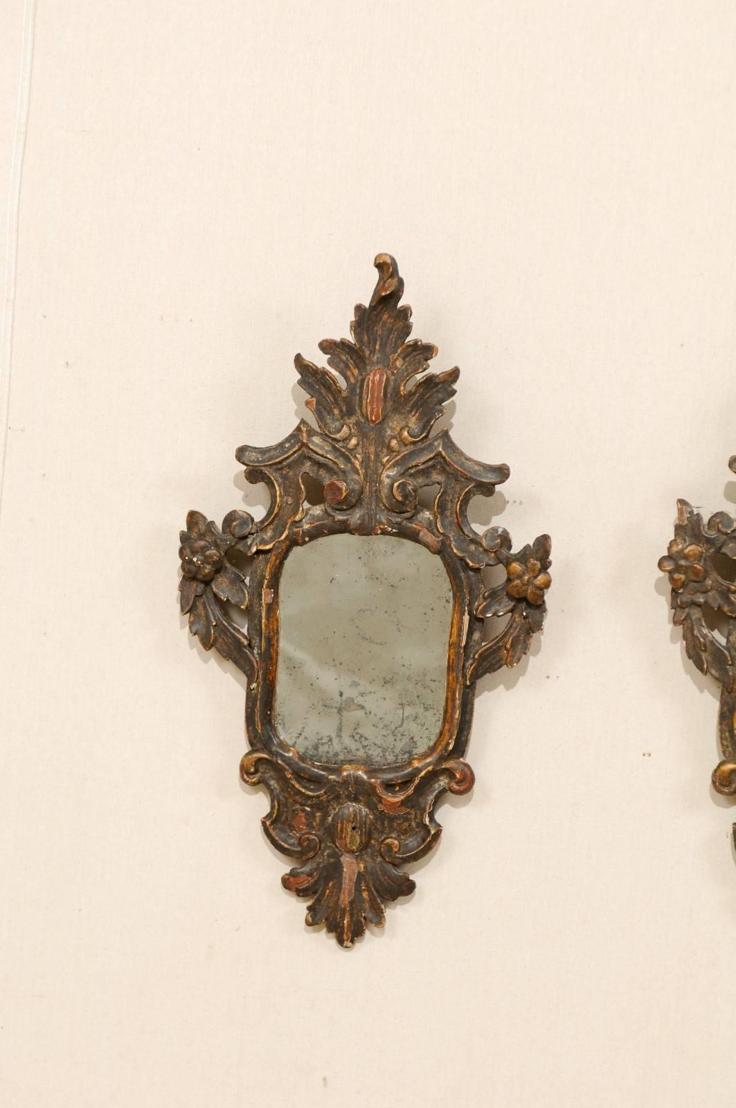 Carved Pair of Italian 18th Century Rococo Style Antiqued Mirrors with Gilding & Patina