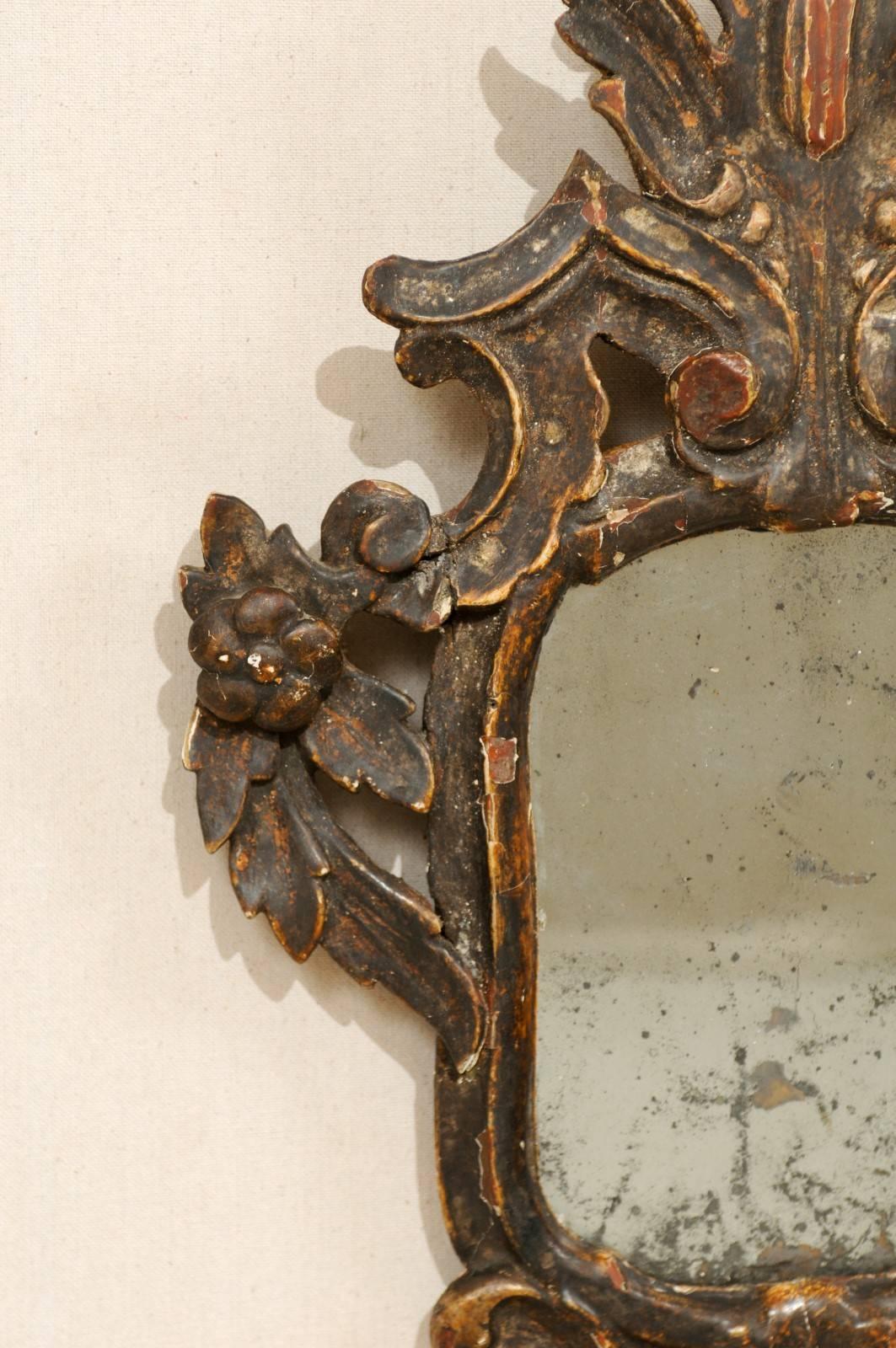 Glass Pair of Italian 18th Century Rococo Style Antiqued Mirrors with Gilding & Patina