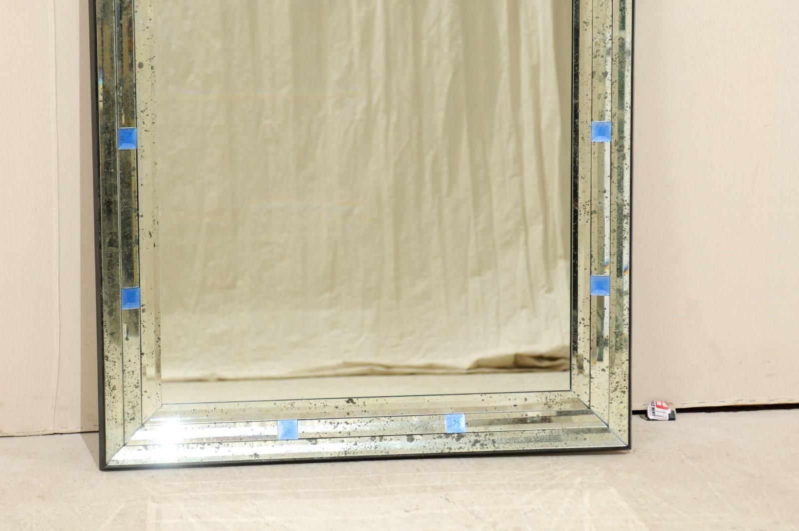 Pair of Large Mirrors with Antiqued Borders Adorned with Blue Glass Squares In Good Condition In Atlanta, GA