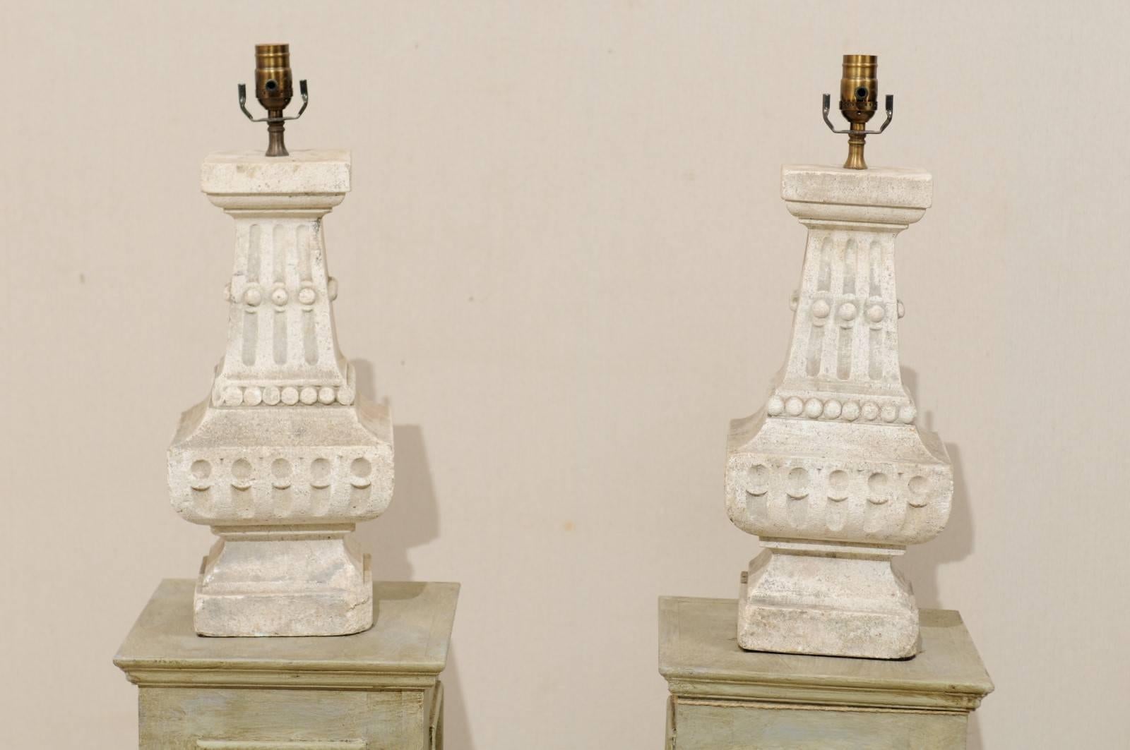 Pair of French Cast Stone Table Lamps with Fluting and Overall Baluster Shape 1