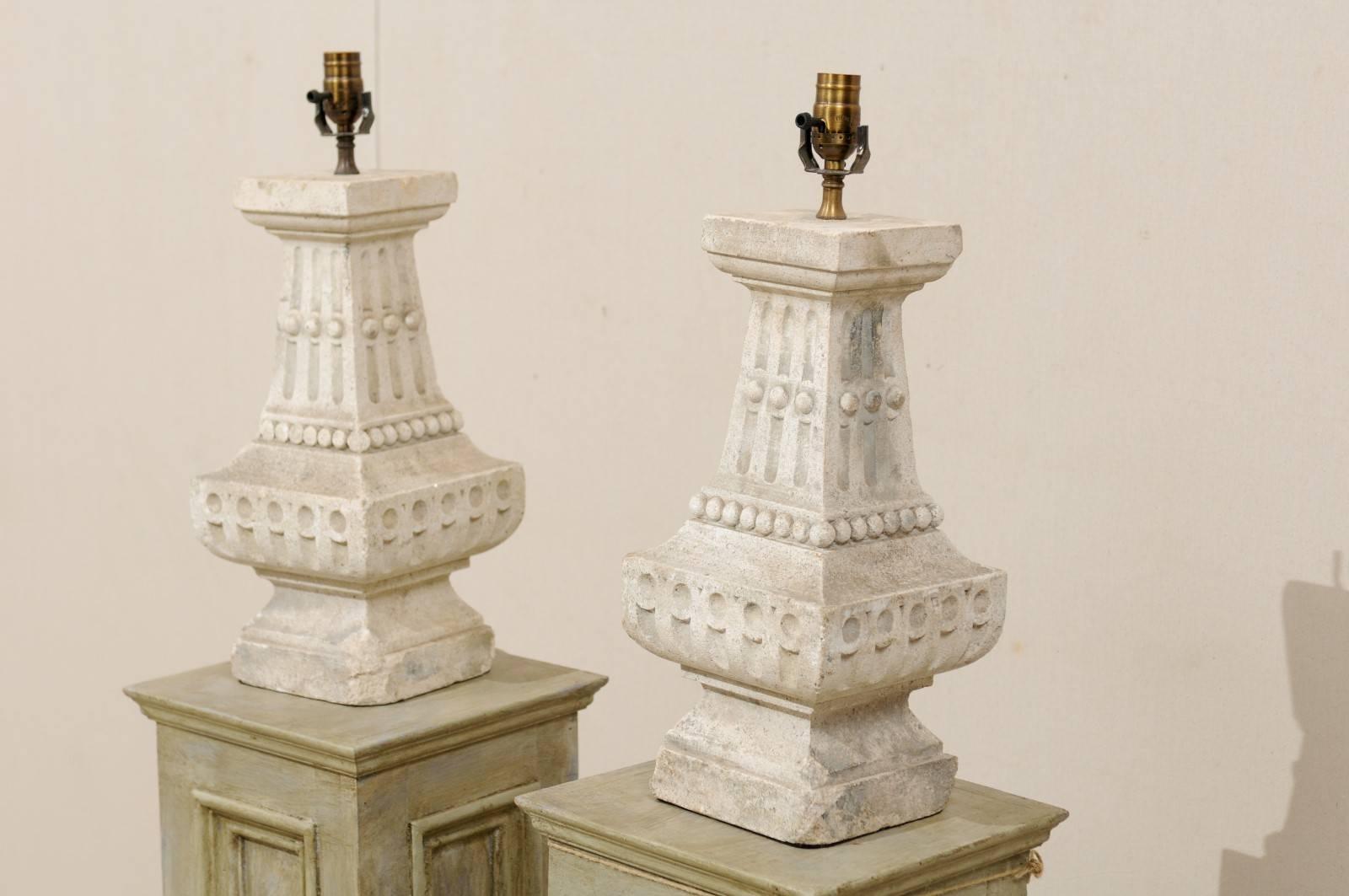 Pair of French Cast Stone Table Lamps with Fluting and Overall Baluster Shape 2