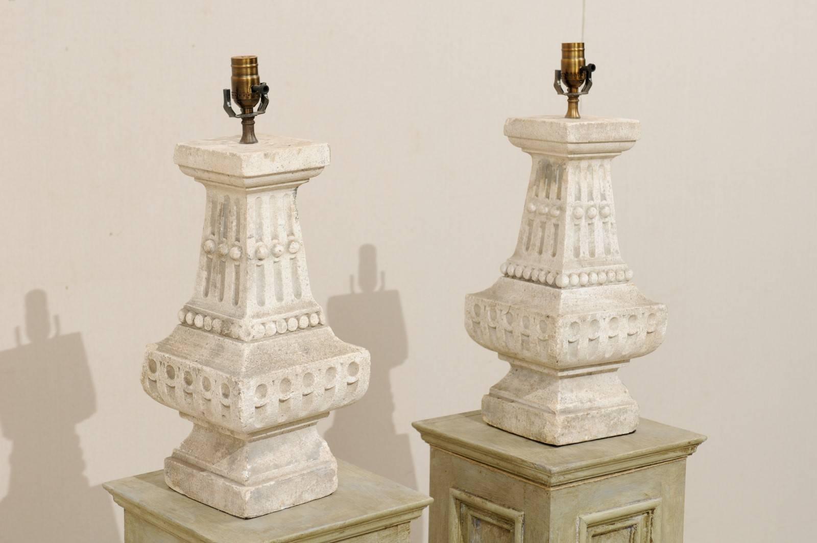 Pair of French Cast Stone Table Lamps with Fluting and Overall Baluster Shape 4