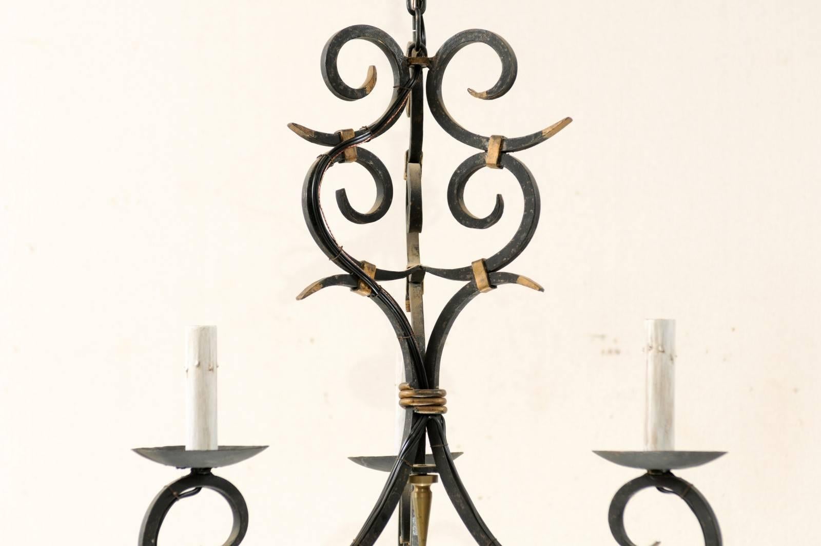 French Forged Iron Three-Light Chandelier with Scrolled Arms and Gilded Accents 4