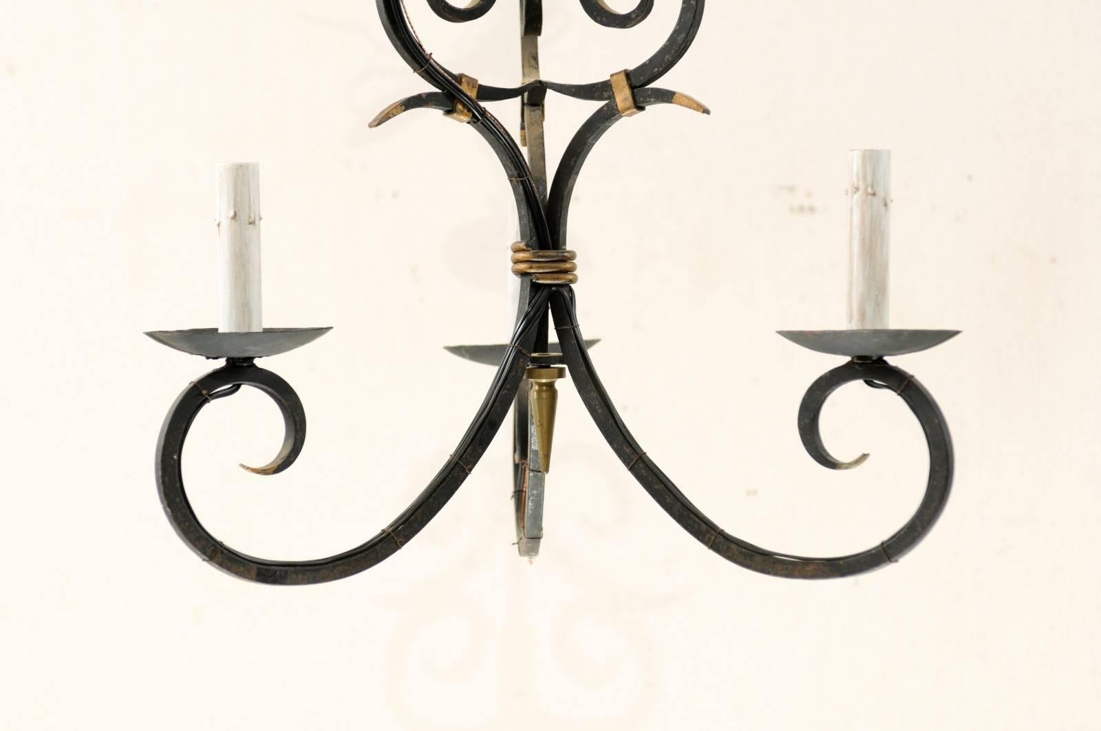 French Forged Iron Three-Light Chandelier with Scrolled Arms and Gilded Accents 5