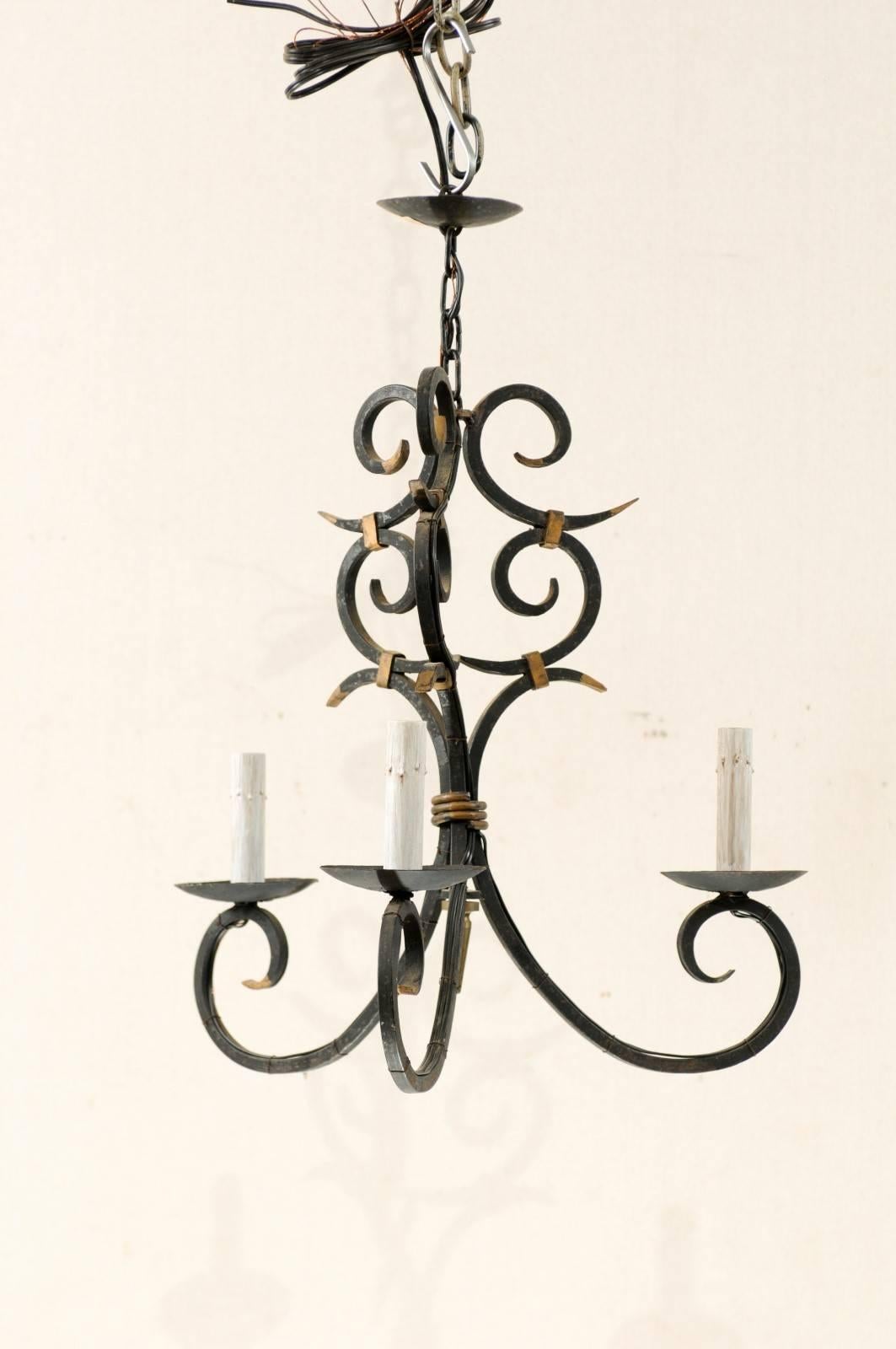 French Forged Iron Three-Light Chandelier with Scrolled Arms and Gilded Accents 2