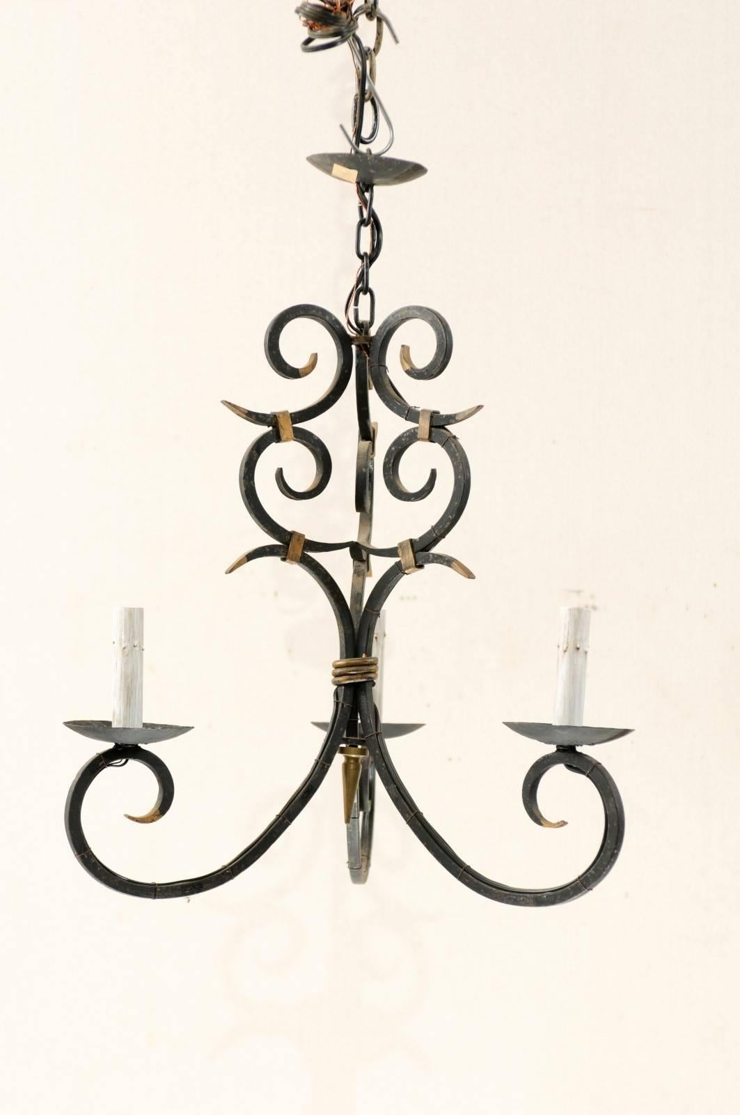 French Forged Iron Three-Light Chandelier with Scrolled Arms and Gilded Accents In Good Condition In Atlanta, GA