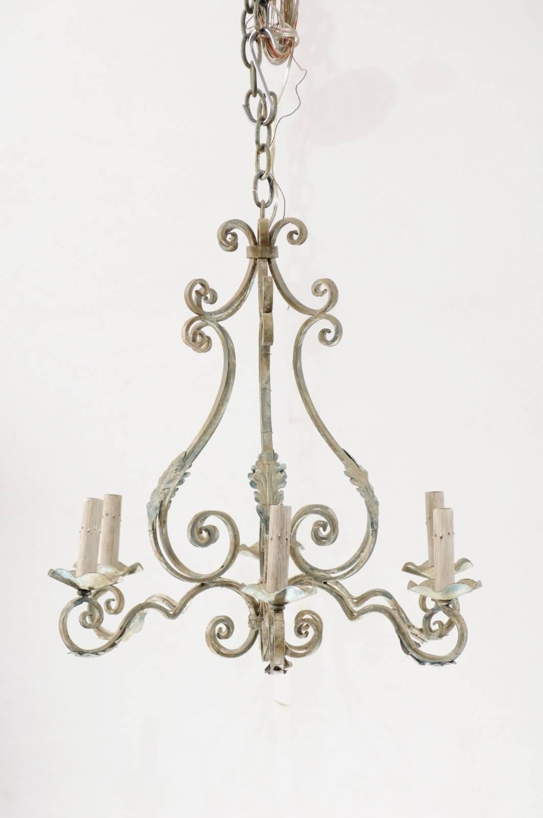 French Six-Light Pear Shaped Painted Iron Chandelier with Ornate Scrolls In Good Condition For Sale In Atlanta, GA