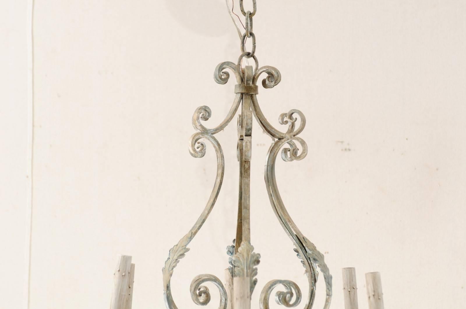 20th Century French Six-Light Pear Shaped Painted Iron Chandelier with Ornate Scrolls For Sale