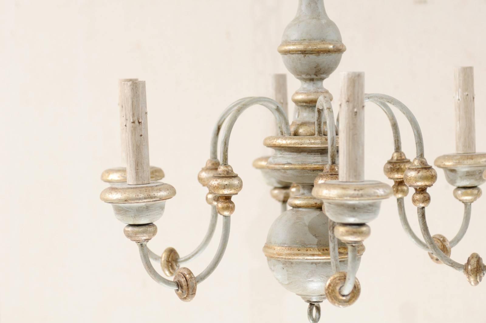 Italian Painted Wood Chandelier with Pretty Light Blue/Grey Gold and Silver Hues In Good Condition In Atlanta, GA