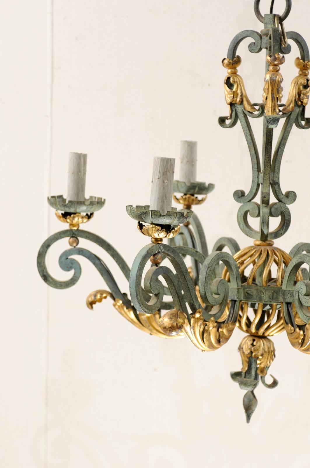 20th Century Elegant French Verdigris Six-Light Chandelier of Forged Iron with Gilt Accent For Sale