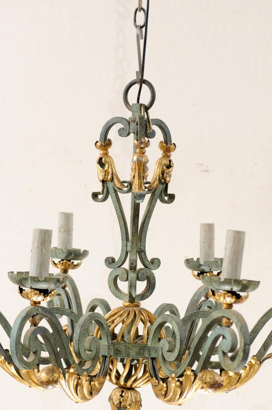 Elegant French Verdigris Six-Light Chandelier of Forged Iron with Gilt Accent In Good Condition For Sale In Atlanta, GA