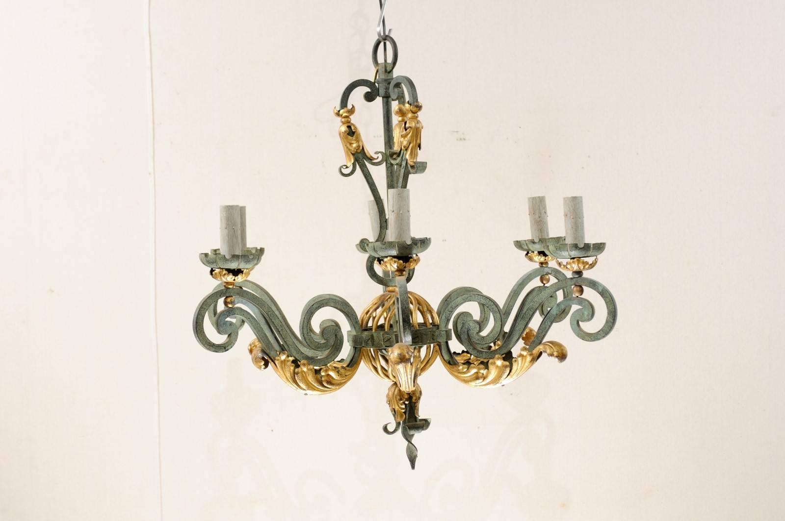 Patinated Elegant French Verdigris Six-Light Chandelier of Forged Iron with Gilt Accent For Sale