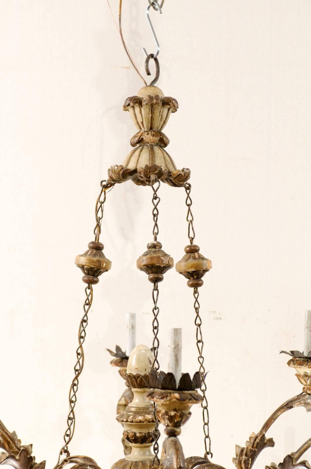 An Exquisite Pair of Italian Early 20th C. Carved & Painted Wood Chandeliers In Good Condition In Atlanta, GA