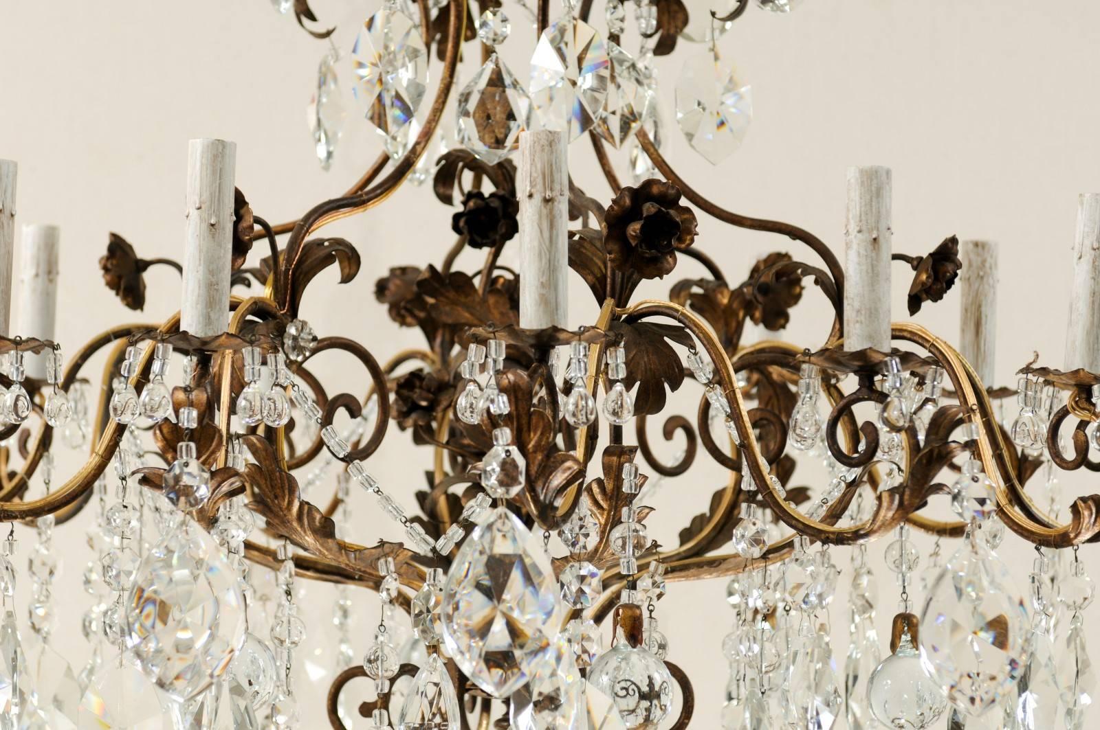 20th Century Italian Crystal 12-Light Chandelier w/Bronze/Gold Armature & Glass Beading, RW 