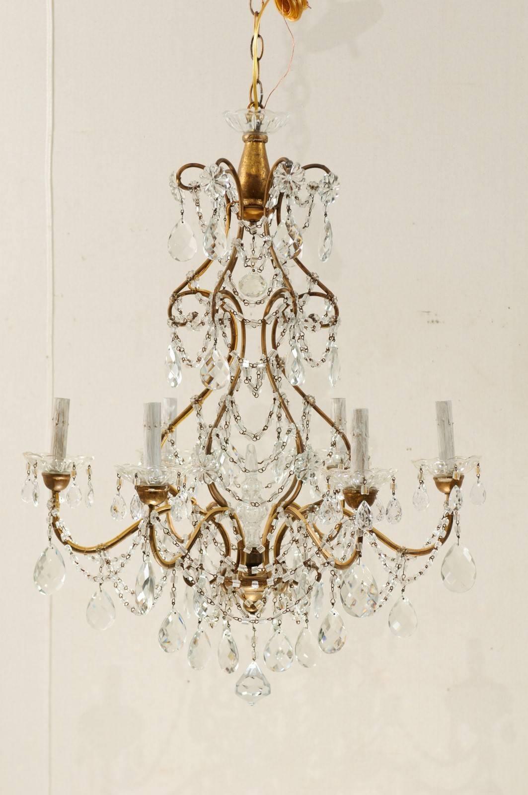 Beaded Pair of Italian Mid-Century Crystal Chandeliers with Six-Lights Each, Gold Hue