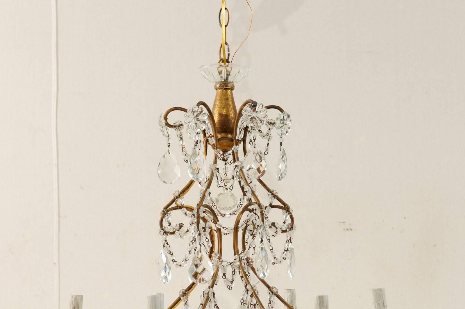 20th Century Pair of Italian Mid-Century Crystal Chandeliers with Six-Lights Each, Gold Hue