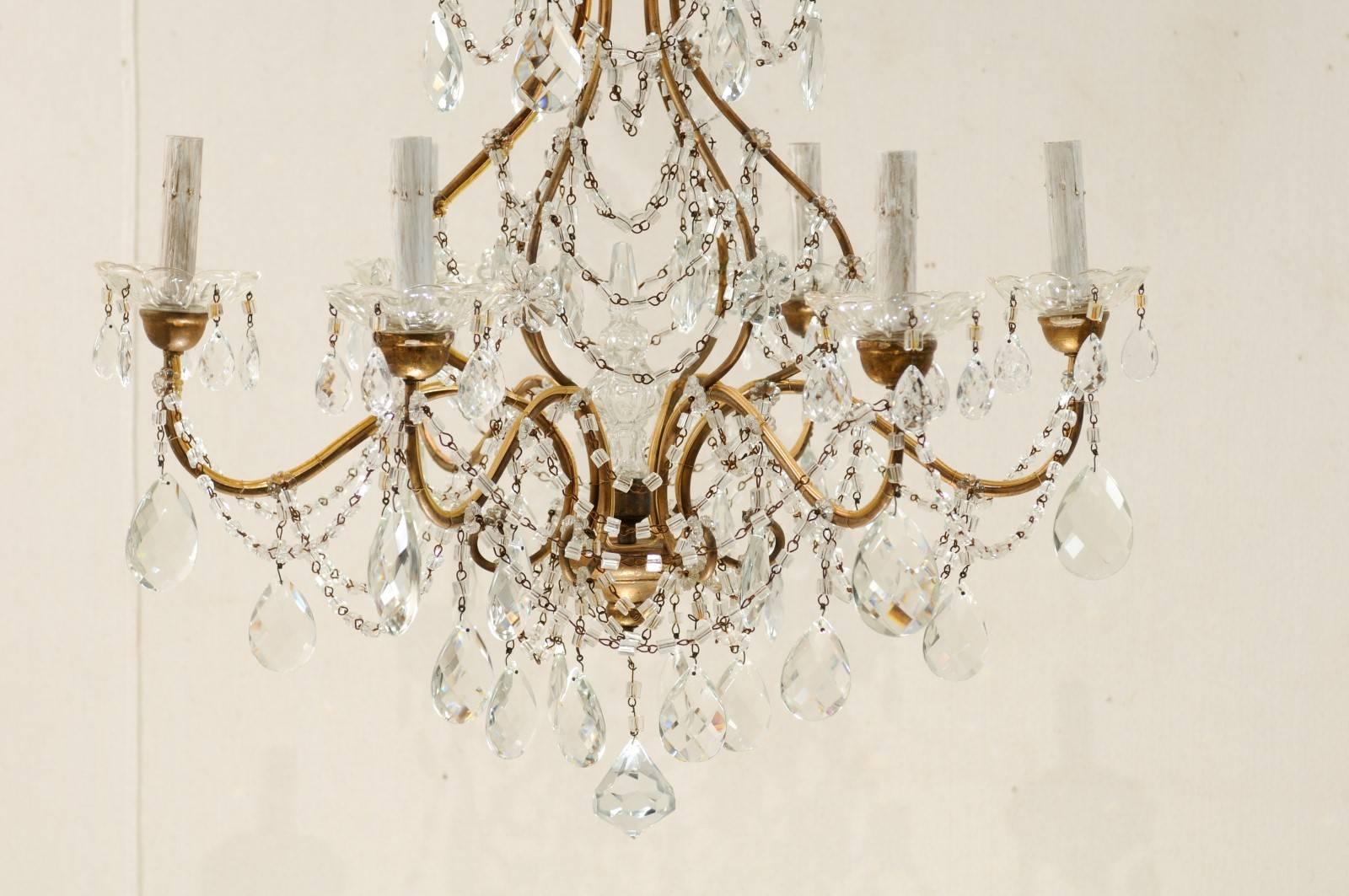Pair of Italian Mid-Century Crystal Chandeliers with Six-Lights Each, Gold Hue 2