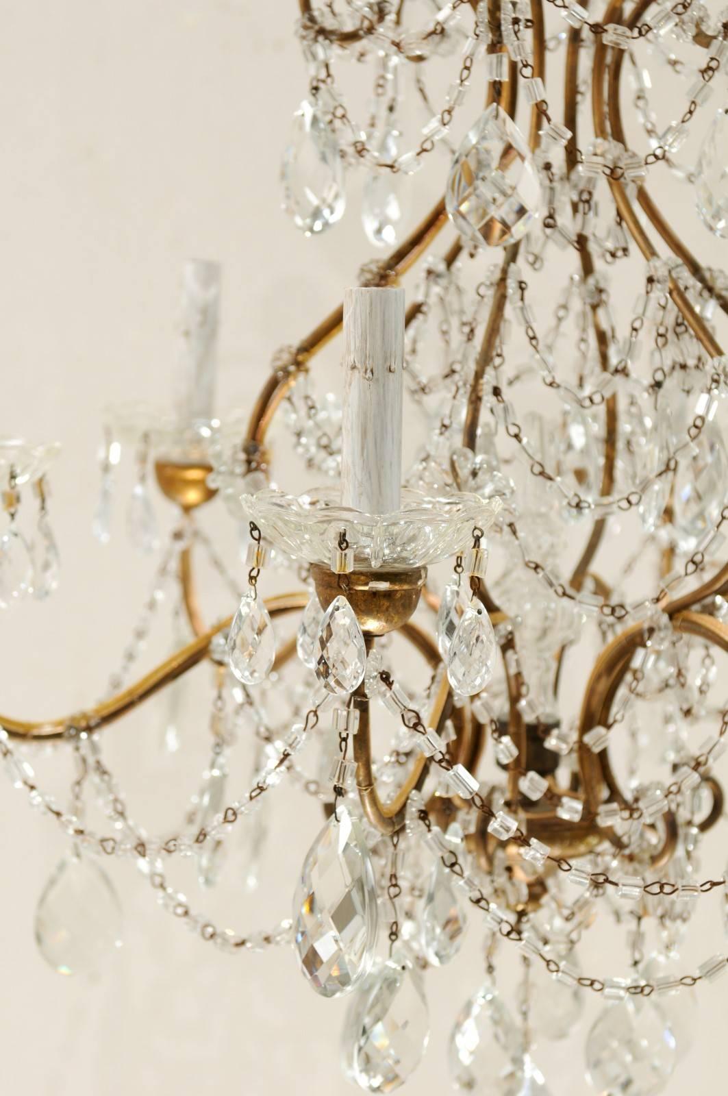 Pair of Italian Mid-Century Crystal Chandeliers with Six-Lights Each, Gold Hue 1