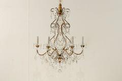 Pair of Italian Mid-Century Crystal Chandeliers with Six-Lights Each, Gold Hue