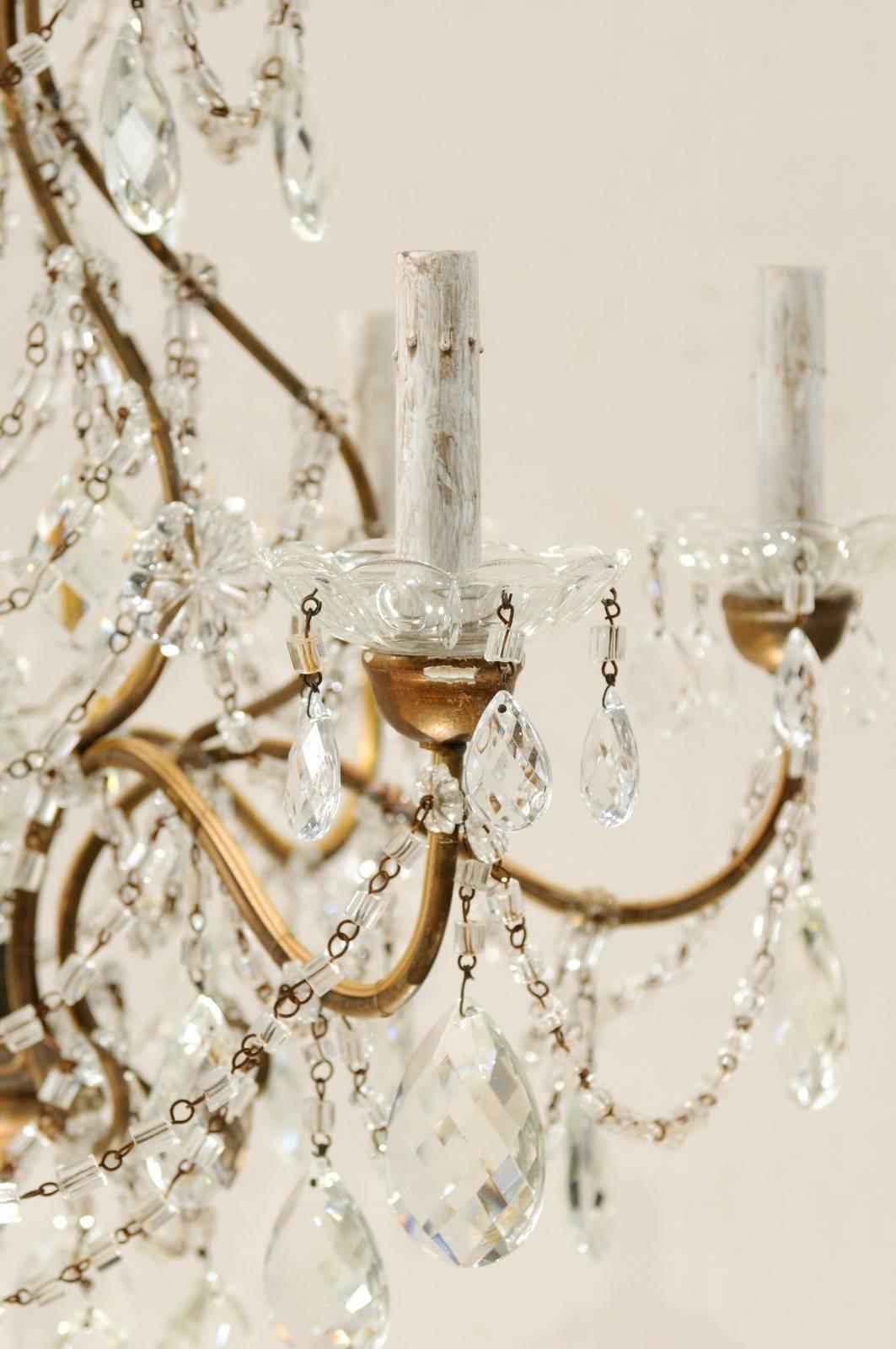 Pair of Italian Mid-Century Crystal Chandeliers with Six-Lights Each, Gold Hue 5